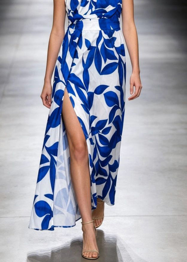 2026 New Blue One Shoulder Print Long Dress Sleevele