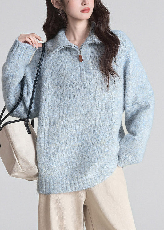 2026 New Blue Stand Collar Zippered Patchwork Cotton Knit Sweater Fall