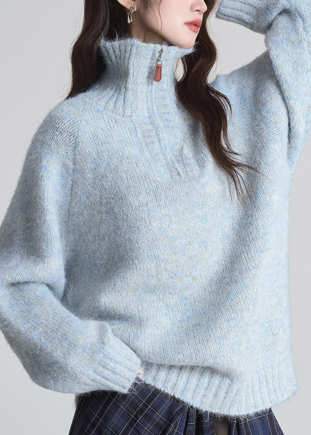 2026 New Blue Stand Collar Zippered Patchwork Cotton Knit Sweater Fall