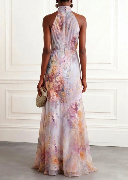 2026 New Hanging Neck Print Chiffon Long Dresses Sleeveless