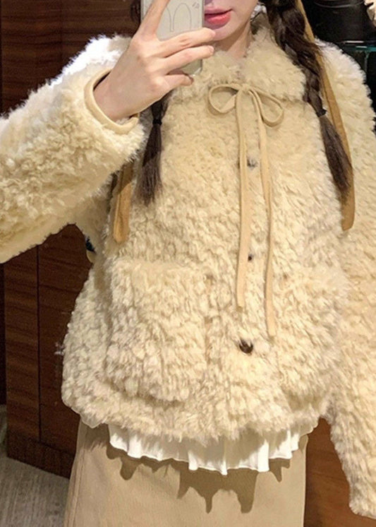2026 New Light Yellow Peter Pan Collar Bow Warm Faux Fur Coat Long Sleeve