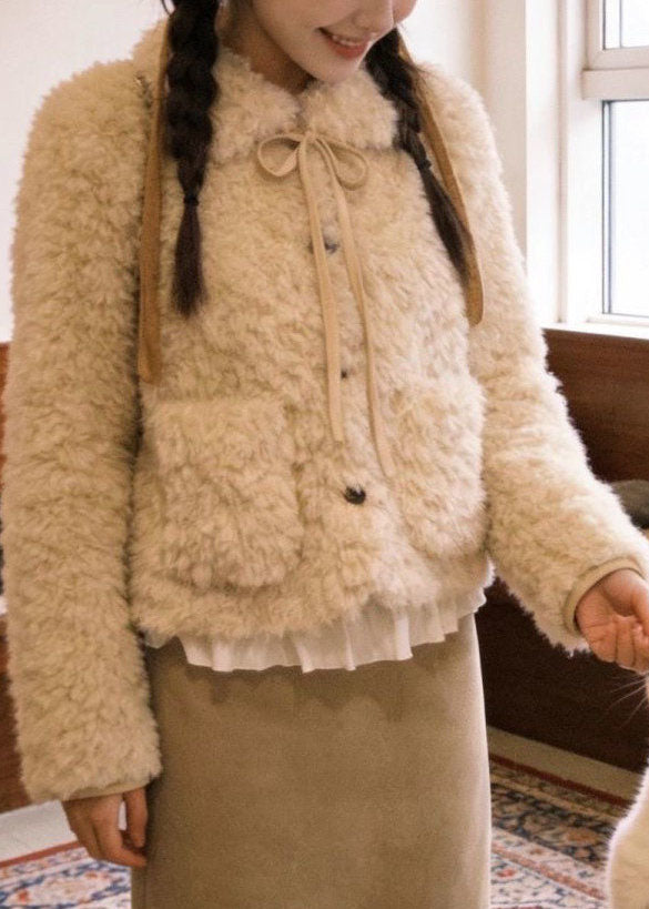 2026 New Light Yellow Peter Pan Collar Bow Warm Faux Fur Coat Long Sleeve