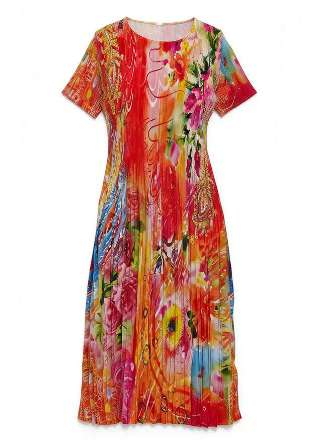 2026 New O Neck Print Wrinkled Elasticity Vacation Dresses Summer