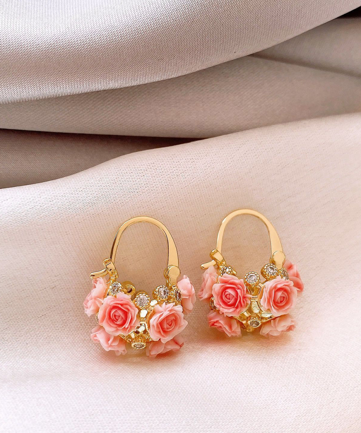2026 New Pink Copper Overgild Zircon Floral Hoop Earrings