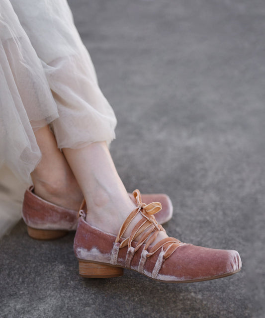 2026 New Pink Velvet Ballet Shoes Lace Up