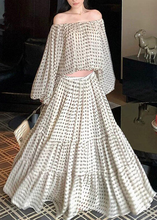 2026 New White Cold Shoulder Top And Maxi Skirts Two Pieces Set Lantern Sleeve