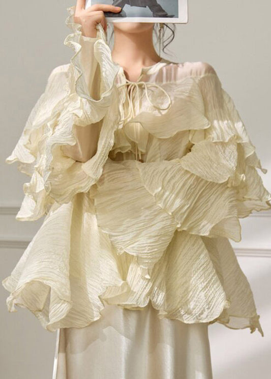 2026 New Yellow Ruffled Patchwork Tie Lace Shirt Spring