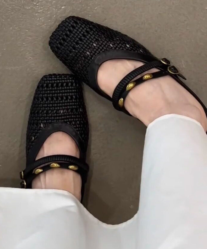 2026 Splicing Black Faux Leather Hollow Out Slide Sandals