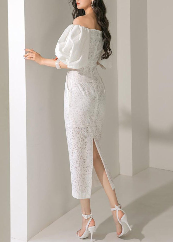 2026 White Slash Neck Off Shoulder Lantern Sleeve Lace Long Dress