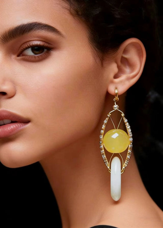 Retro White Jade Handmade Concatenation Beeswax Drop Earrings