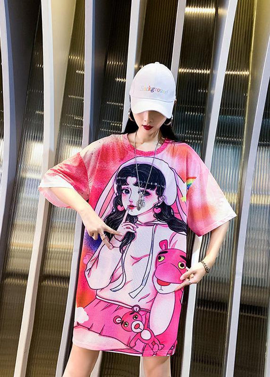Loose Pink Character Print Clothes Women O Neck Dresses - SooLinen