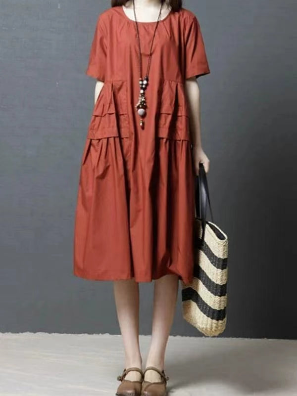 French green Cotton Tunics o neck pockets Dresses