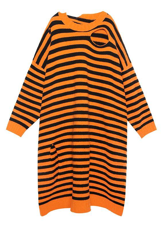 Aesthetic o neck Hole Sweater fall dress DIY orange striped daily knitted dress - SooLinen