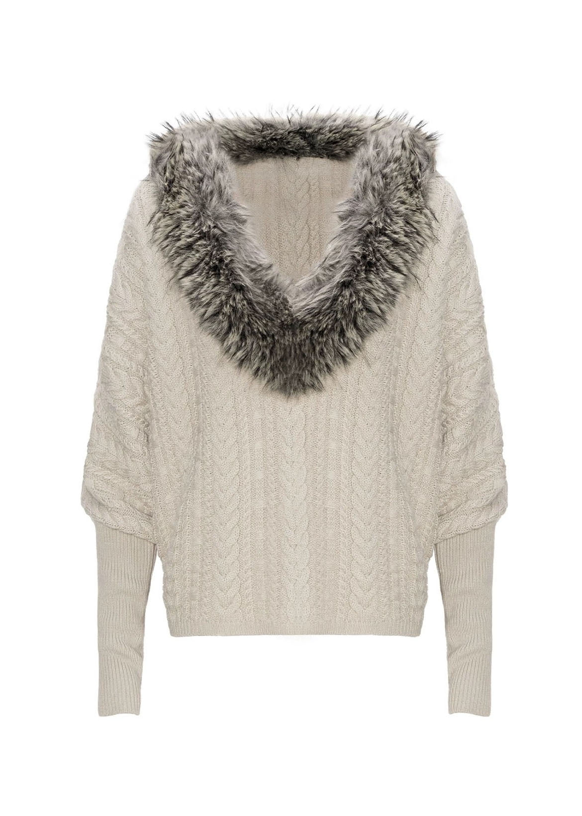 American Spicy Girl Bat Sleeve Fur Collar Patchwork Knitted Sweater