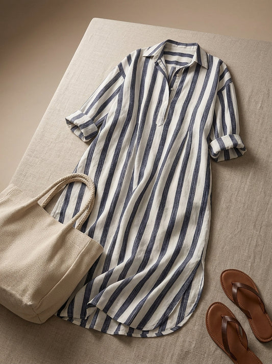 Loose Black V Neck Striped Pockets Cotton Dress Summer
