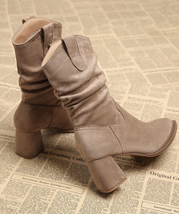 Apricot Boots Chunky Faux Leather Chic Pointed Toe Boots