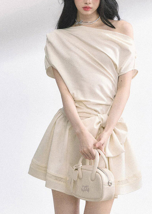 Apricot Bow Tunic Solid Mid Dresses Short Sleeve