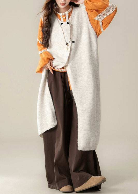 Apricot Button Cotton Knit Long Sweaters Dress ,Top And Wide Leg Pants Three-Piece Set Spring