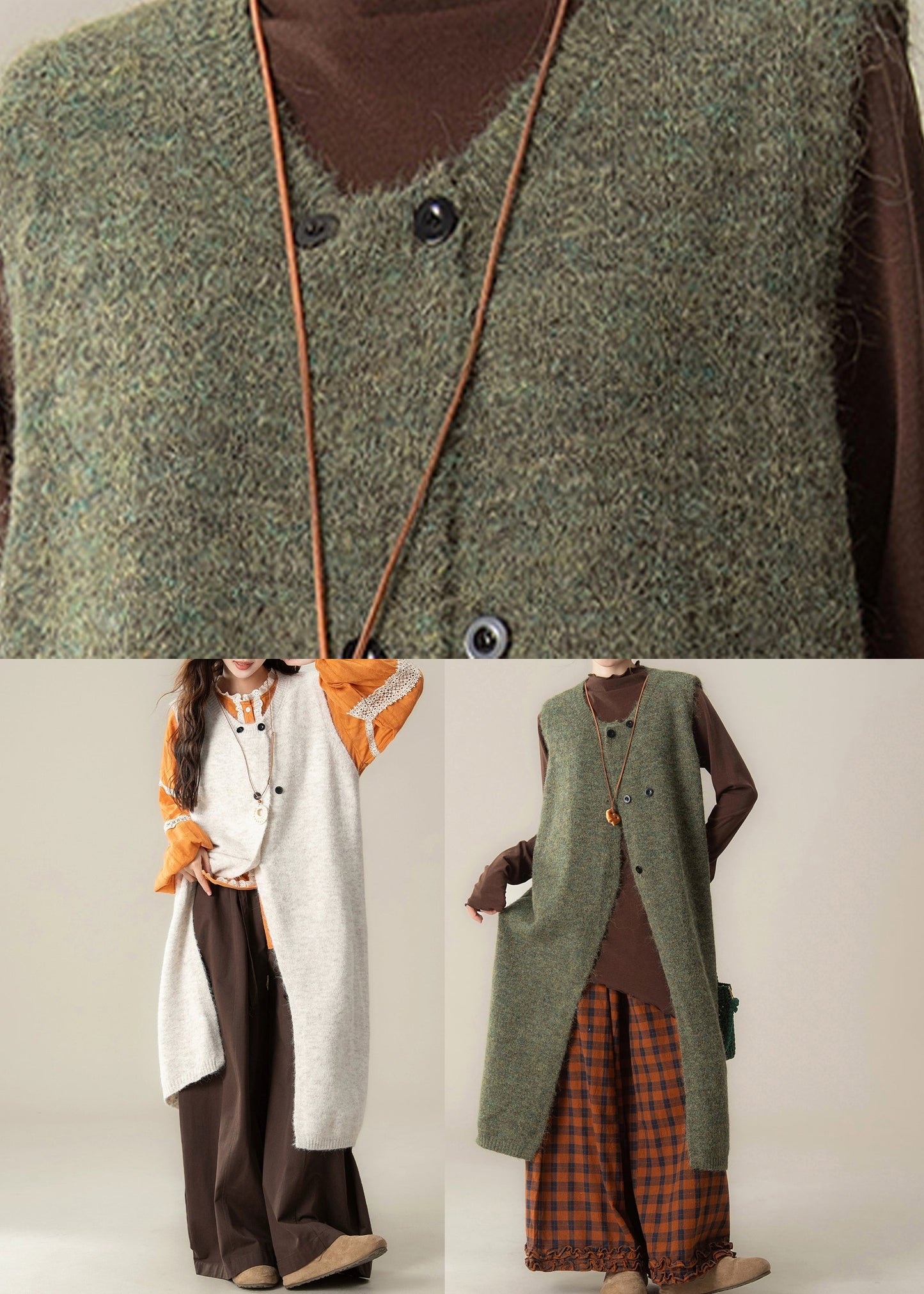 Apricot Button Cotton Knit Long Sweaters Dress ,Top And Wide Leg Pants Three-Piece Set Spring