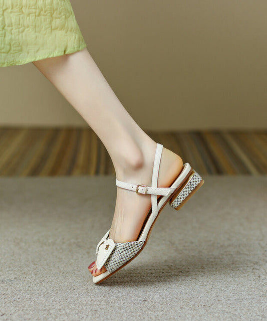 Apricot Cowhide Leather Walking Sandals Splicing Bow Buckle Strap
