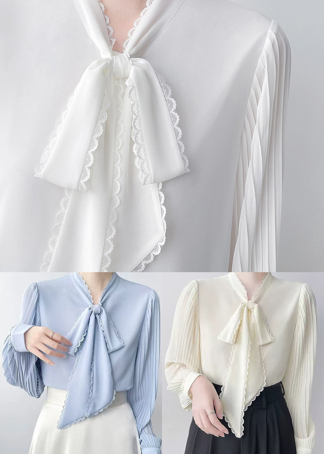 Apricot Draping Chiffon Blouses Bow Wrinkled Spring