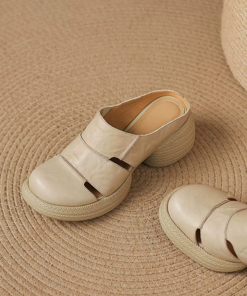 Apricot Hollow Out Splicing Cowhide Leather Chunky Heel Slide Sandal