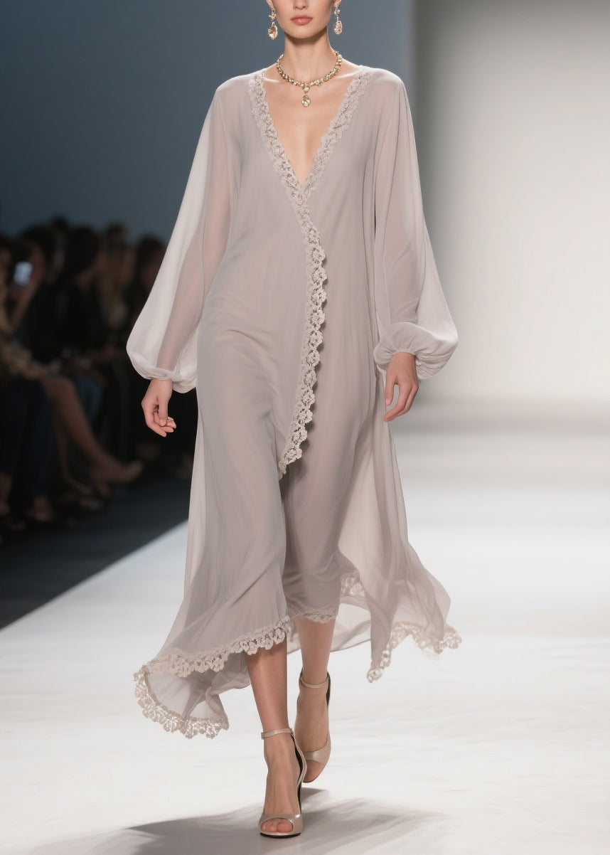 Apricot Lace Solid Chiffon Maxi Dresses V Neck