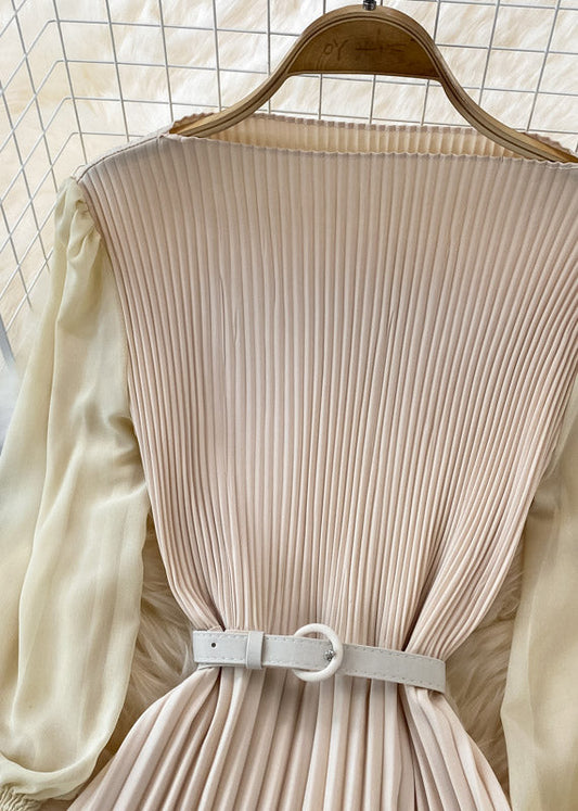 Apricot O-Neck Chiffon Sashes Long Pleated Dress Long Sleeve