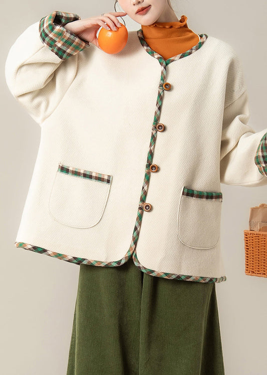 Apricot Pockets Patchwork Oversized Woolen Coats O Neck