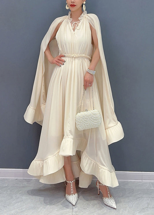 Apricot Tie Lace Ruffled Patchwork Chiffon Long Dresses Cloak Sleeve
