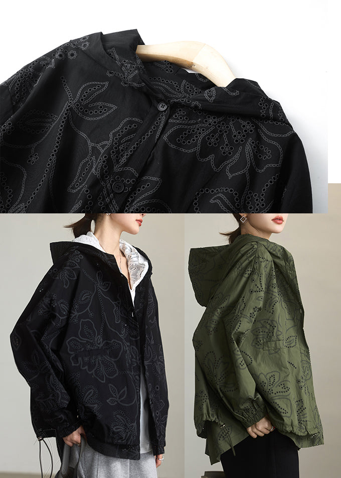 Army Green Cotton Hoodie Coat Embroidered Spring