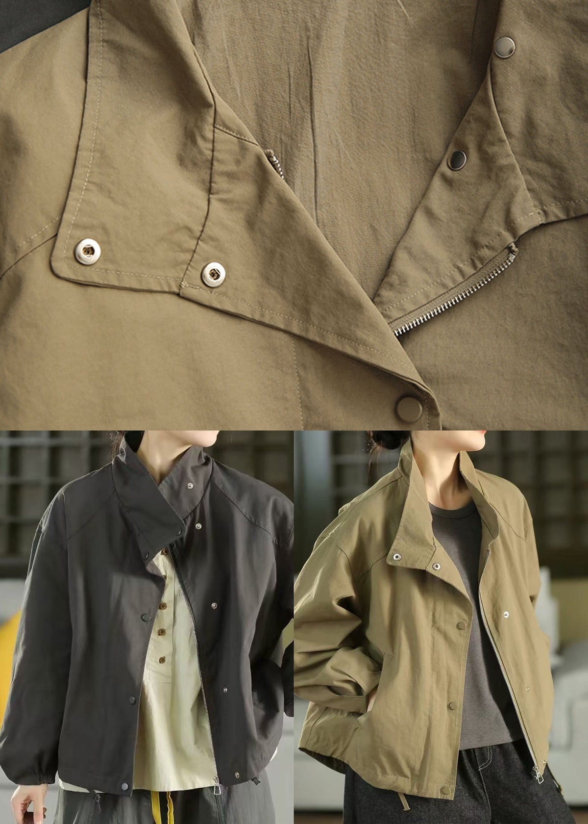 Army Green Cotton Trench Oversized Stand Collar Fall