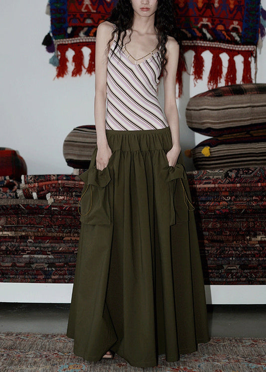 Army Green Pockets Patchwork Cotton Spaghetti Strap Dress V Neck Summer