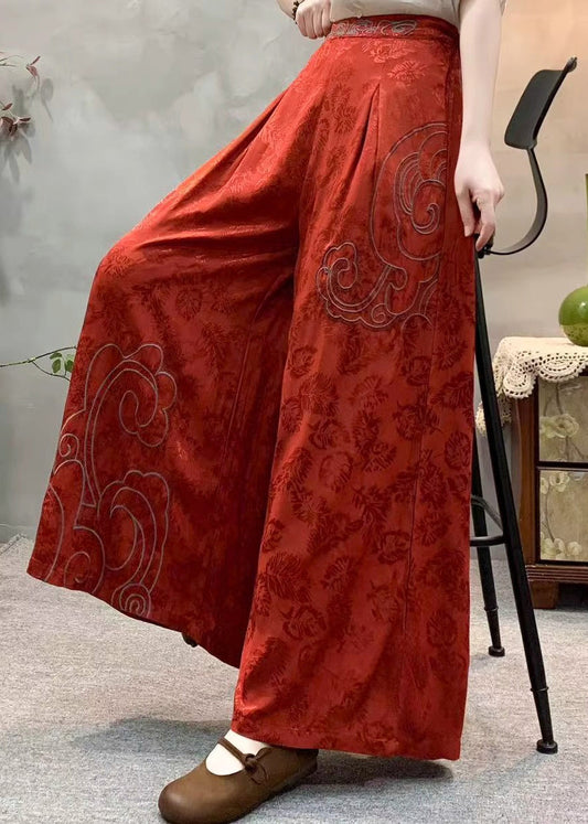 Art Apricot Embroidered Pockets Jacquard Silk Wide Leg Pants Fall