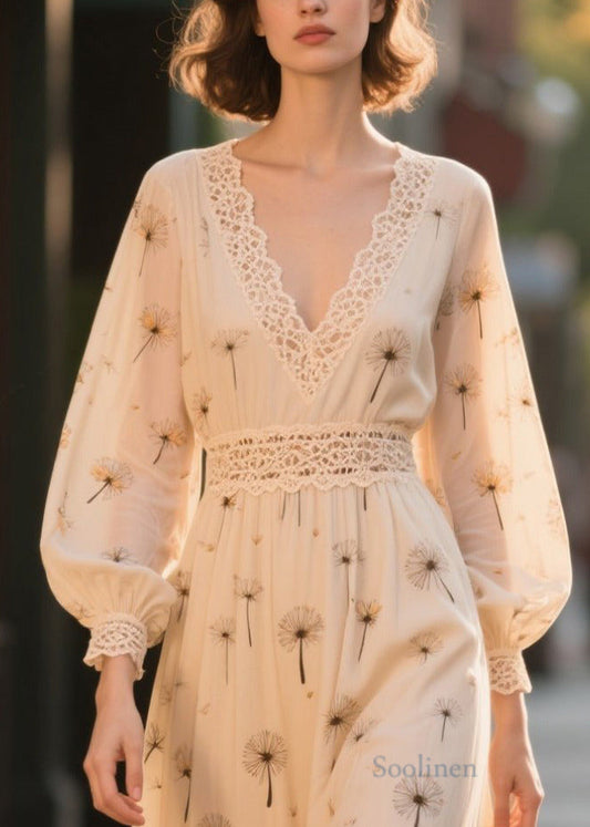 Art Apricot Print Lace Patchwork Chiffon Party Dresses Fall