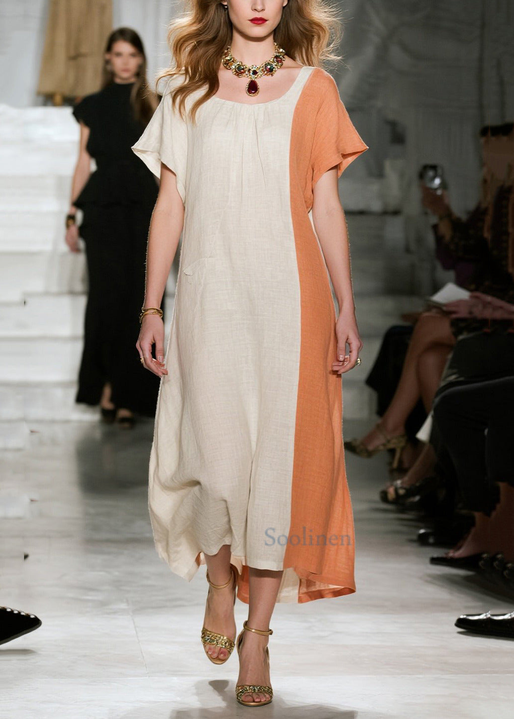 Art Beige Asymmetrical Patchwork Cotton Dresses Summer