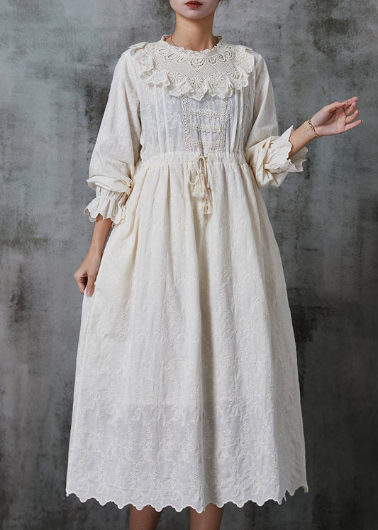 Art Beige Embroidered Patchwork Lace Cotton Cinched Dress Spring