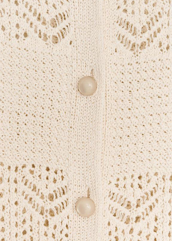 Art Beige O Neck Button Hollow Out Knit Tops Summer