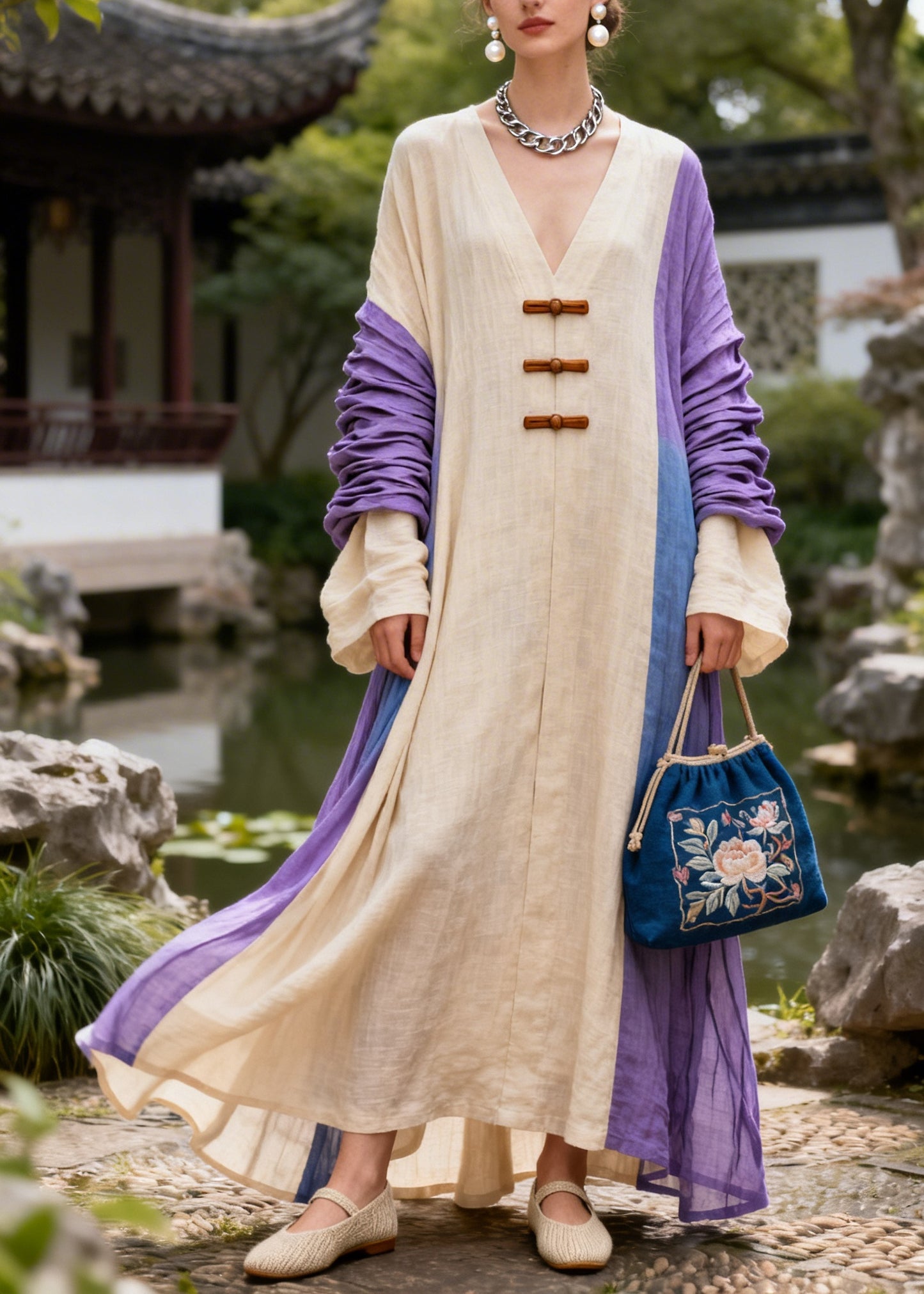 Art Beige Oversized Patchwork Chinese Button Cotton Maxi Dresses Fall