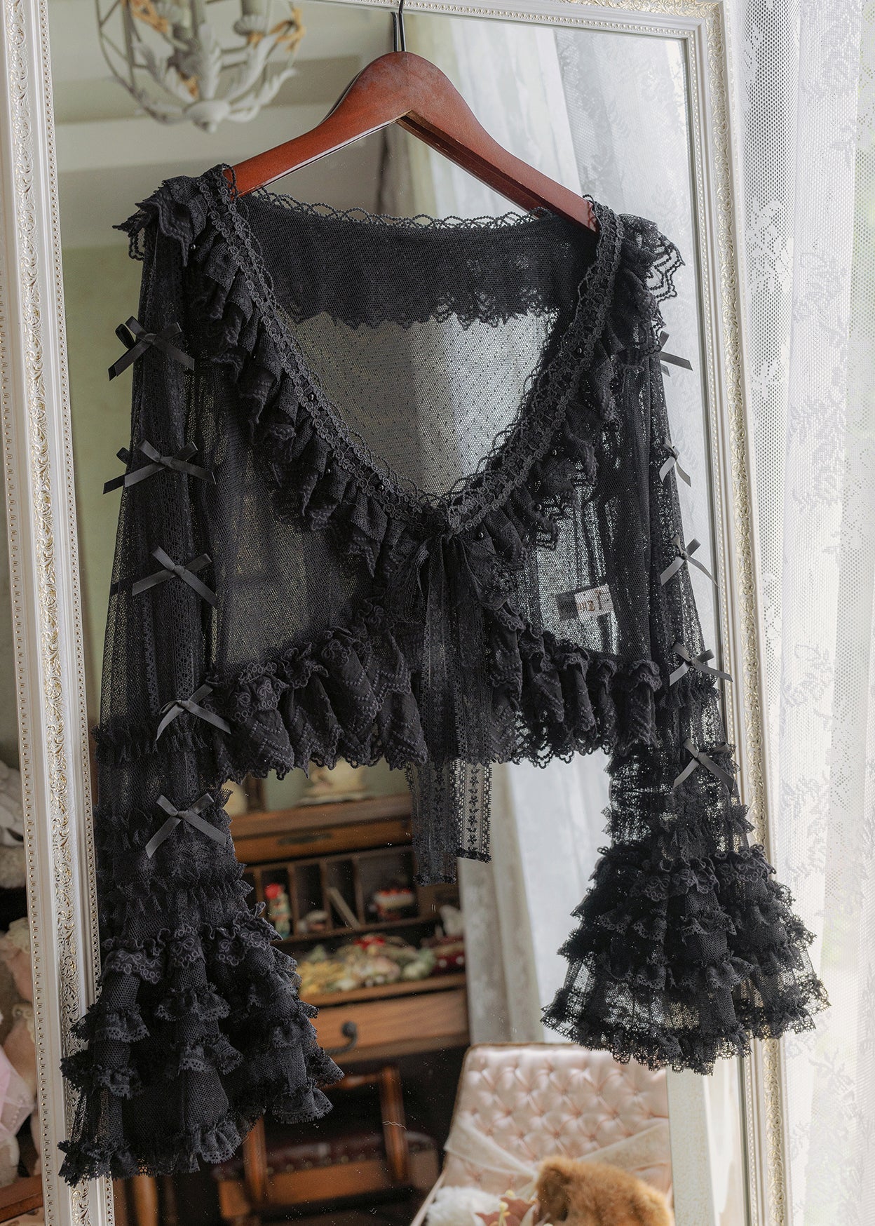 Art Beige Ruffled Bow Tulle Cardigans Flare Sleeve