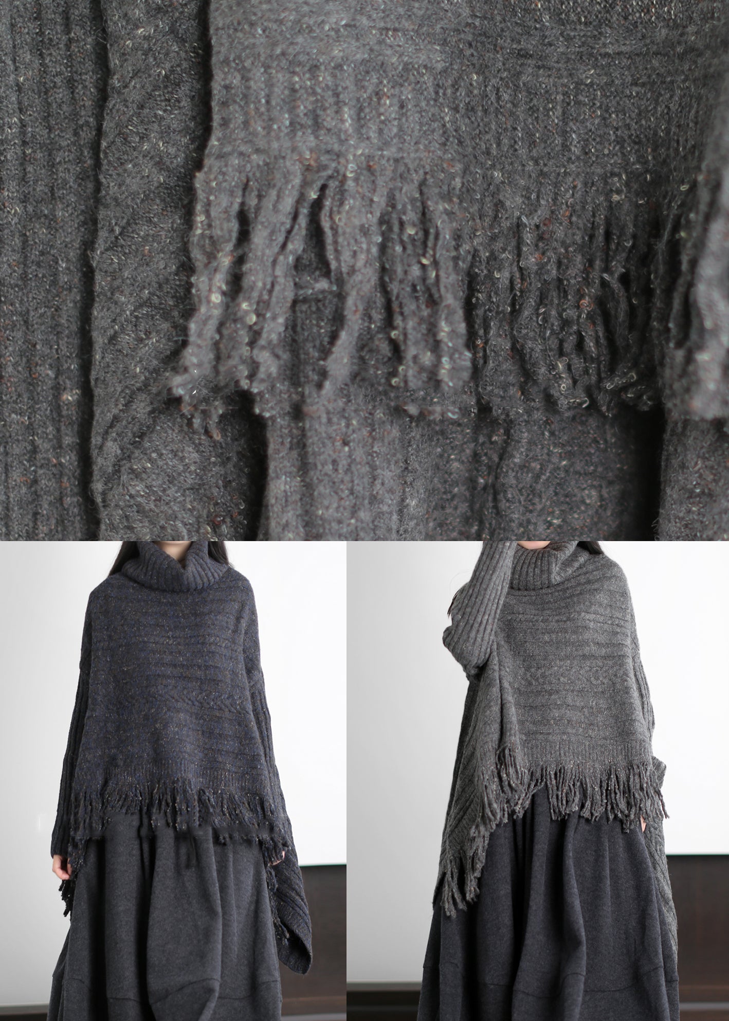 Art Black Asymmetrical Tasseled Knit Sweaters Winter