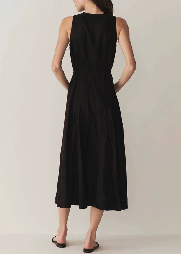 Art Black Button Down Side Open Cotton Holiday Dress Sleeveless