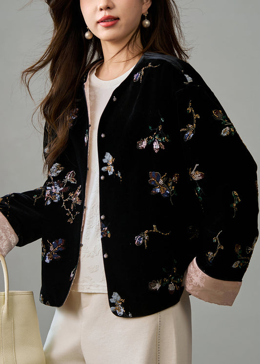 Art Black Embroidered Sequins Fine Cotton Filled Silk Velvet Jacket Winter