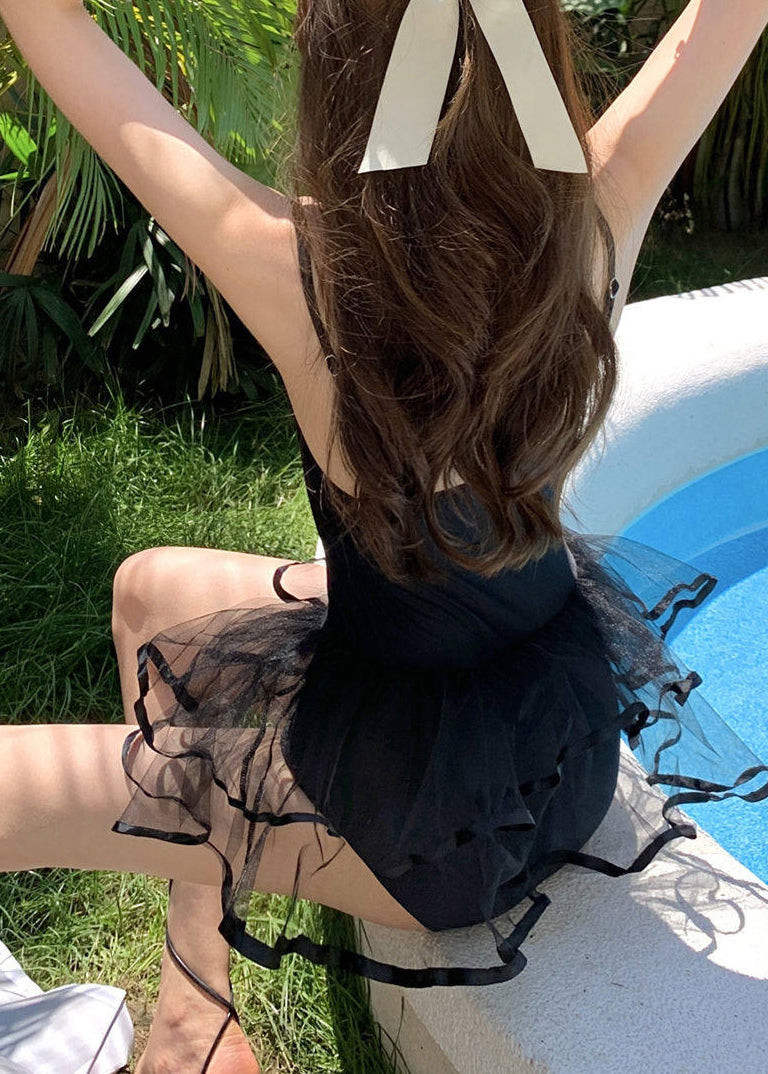 Art Black Hollow Out Patchwork Lace Swimwear Bodysuit