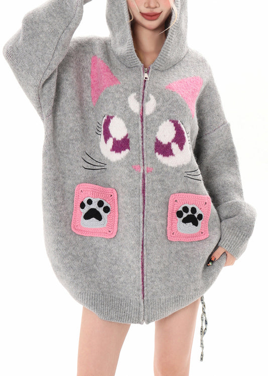 Art Black Hooded Cat Embroidered Knit Cardigan Winter