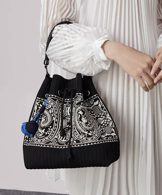 Art Black Jacquard Drawstring Cotton Pouch Handbag