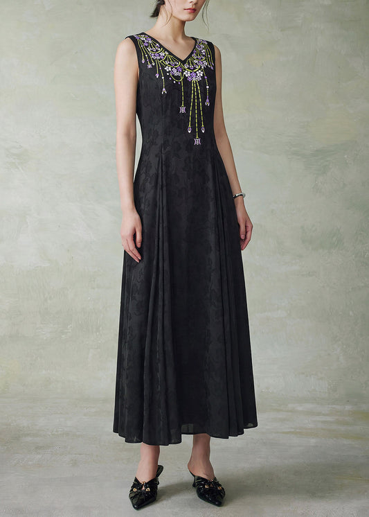 Art Black O Neck Embroidered Jacquard Silk Maxi Dress Sleeveless