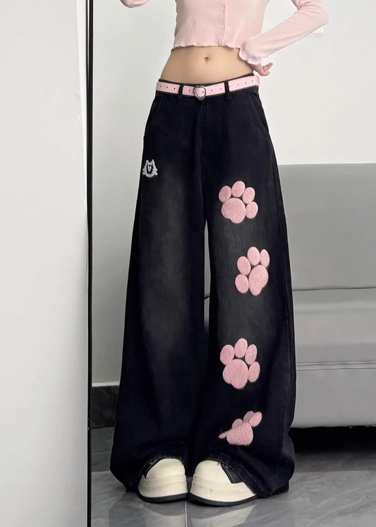 Art Black Oversized Patchwork Applique Warm Fleece Denim Pants Winter