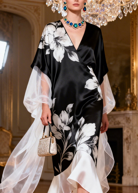 Art Black V Neck Print Patchwork Silk Dress Summer