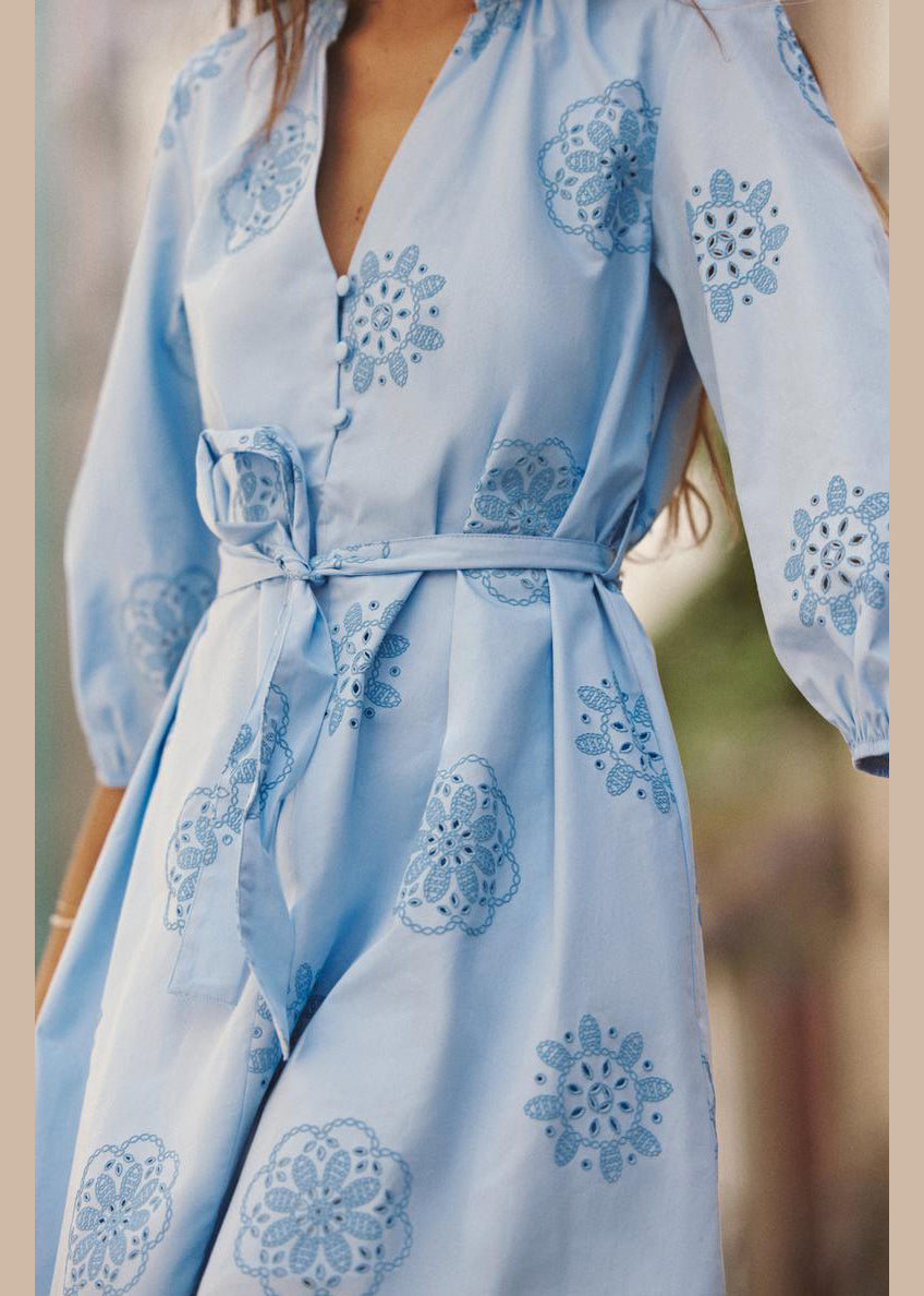 Art Blue Embroidered Hollow Out Tie Waist Cotton Mid Dress Half Sleeve